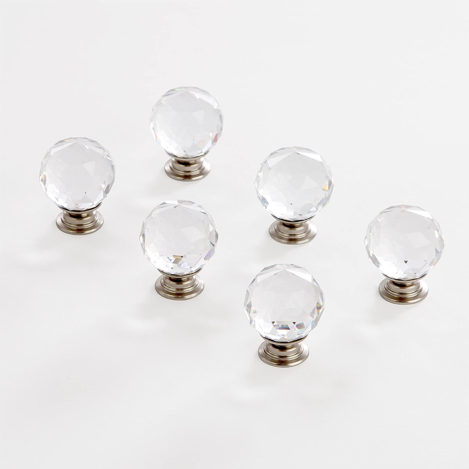 BINO 6Pack Crystal Drawer Knobs 1.25" Diameter (32mm), Satin Nickel
