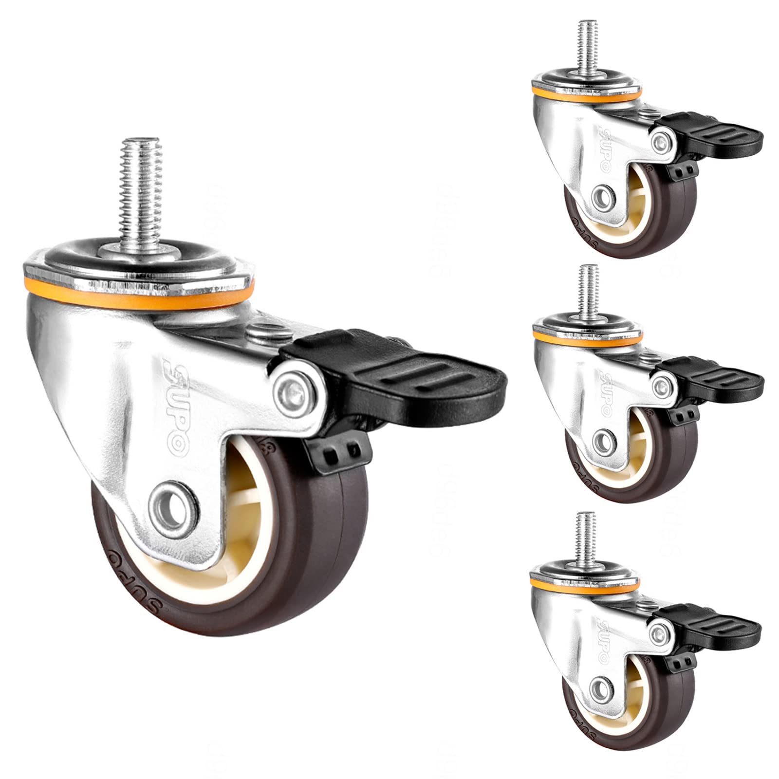 YHBZ 4 Pieces Furniture Castors,Swivel Caster Wheels,M6 Threaded Stem Trolley Caster,Heavy Duty 180Kg Load Rating,PU Rubber Castors with Brakes,M6