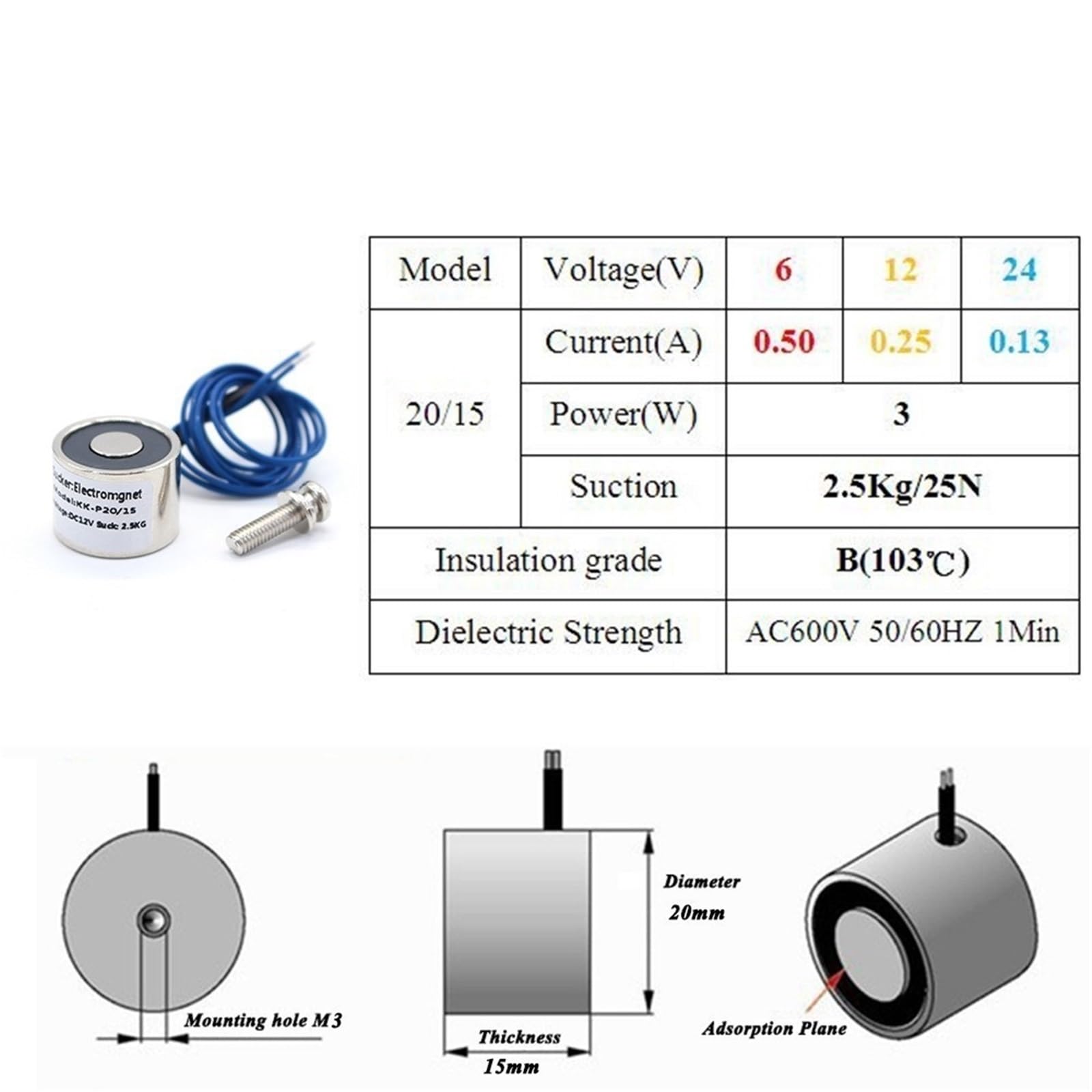 20/15 aspirazione 2.5KG 25N Mini elettromagnete solenoide 12v elettromagnete 12 Volt Piccolo elettromagnete Bobina 24V Magnete 6V(9V Waterproof)