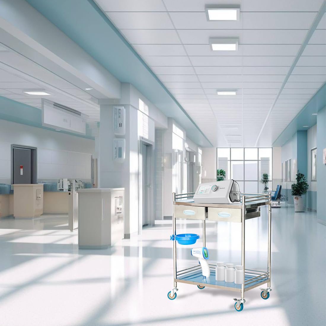 Chariot de service avec tiroirs, chariot de laboratoire en acier inoxydable, chariot de rangement à 2 étages, chariot de rangement avec roulettes, chariot de cuisine, chariot de laboratoire,