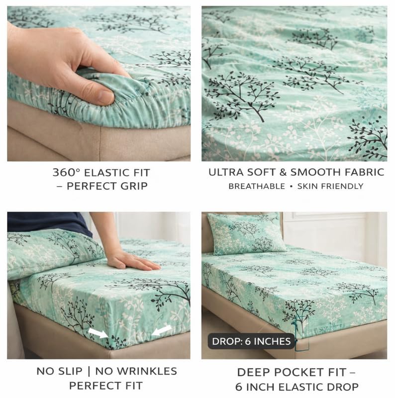 Image of Pure Cotton All Round Elastic Fitted Bedsheets with 1 Pillow Cover | Single Mattress Bed Breathable| Longlasting | Supersoft Size - 36 x 72 + 6 inches (Abstract, Color -Mint Aqua)