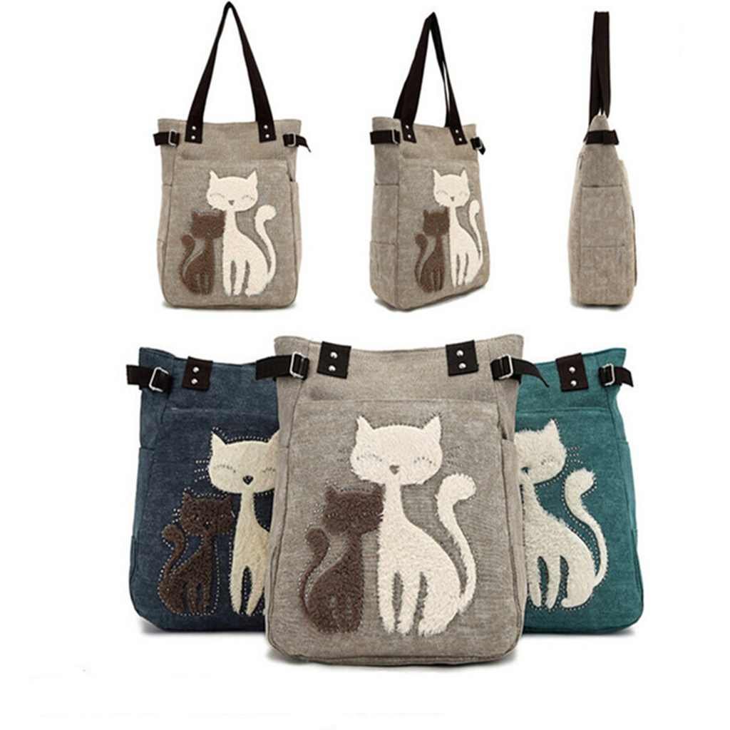 Canvas Tote Handbag for Women Cute Cat Embroidery Shoulder Purse Large Zipper Travel Work Shopping Grocery Bags
