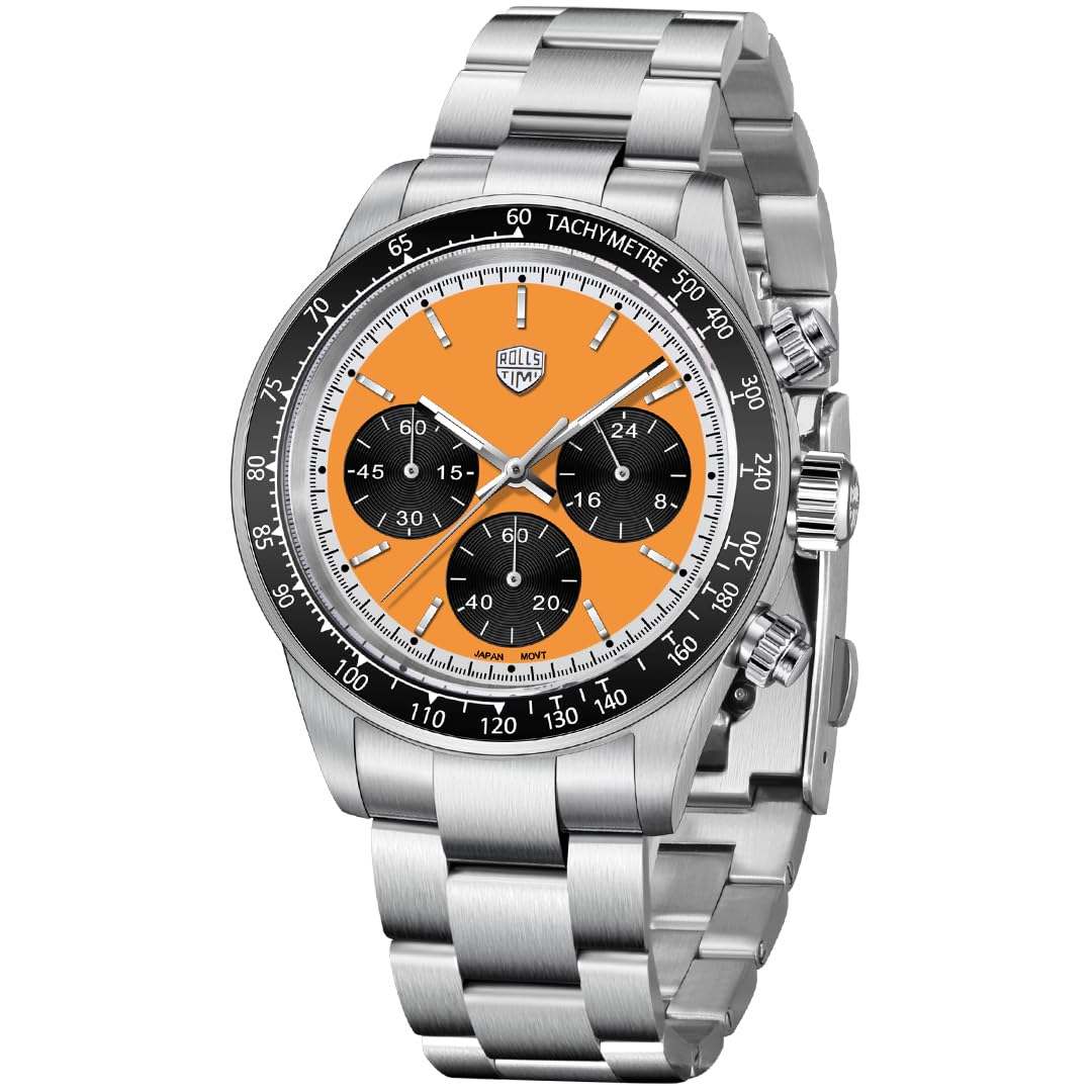 RollsTimi Pagani Design 7931 - Orologio al quarzo da uomo VK63, quadrante panda cronografo, orologio da polso in acciaio inox, 100 m, impermeabile, alla moda, con vite inferiore, corona