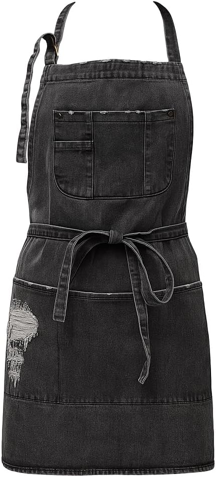 Denim Apron With 5 Pockets for Kitchens,Hairstylist Aprons for Women Men,Adjustable Bib Jean Apron for Arts Cafe Work