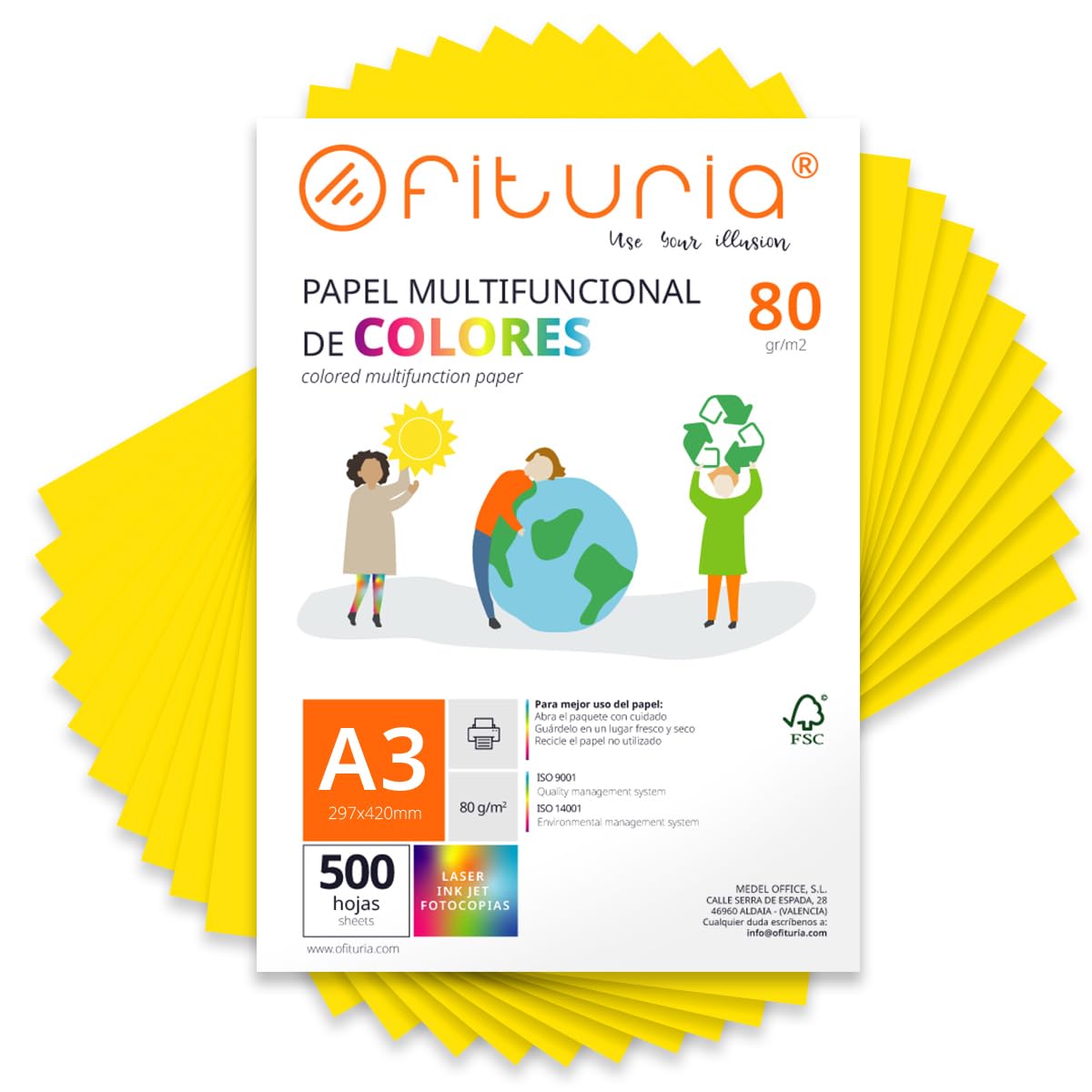 Coloured Sheets, Pack 500 Sheets A3 80 g – Coloured Paper for Crafts, Printer, Scrapbooking – Folios Colours – Ideal Origami, Papiroflexia, Office and School (Strong Yellow, 500h)