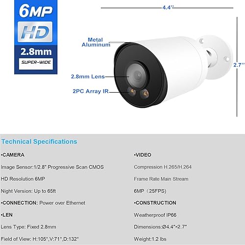 Miniatura 4 de Real HD Cámara IP POE de visión nocturna a todo color de 6MP para sistemas IP NVR, con luces blancas visibles, ángulo de visión de 105°, al aire