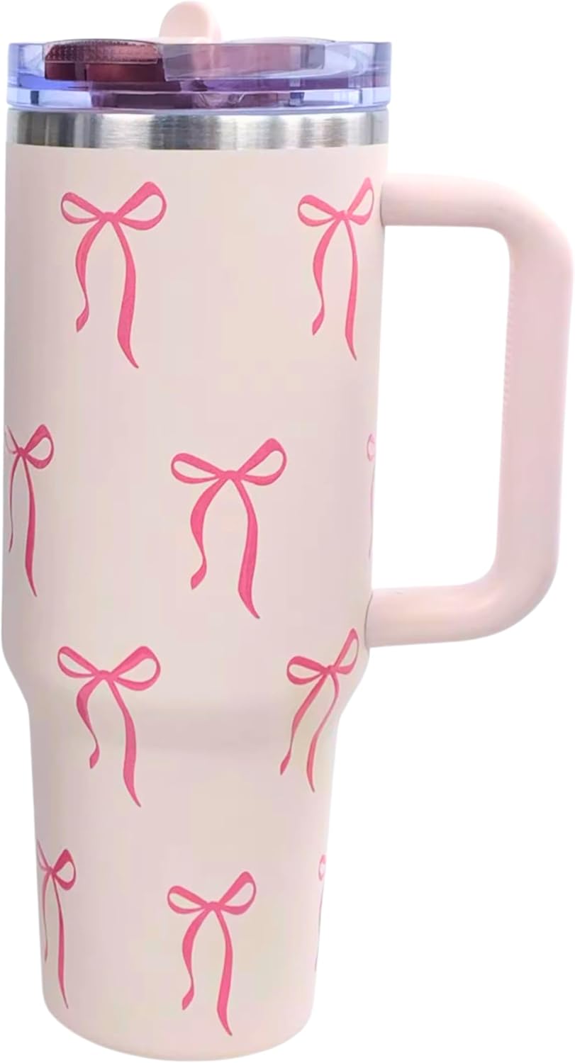 Bow Tumbler 30 oz | Leakproof Flip Straw Lid & Handle | Insulated Stainless Steel Travel Cup | BPA-Free | Cup Holder Compatible | Vivid Violet Fade (Pink, 30oz)