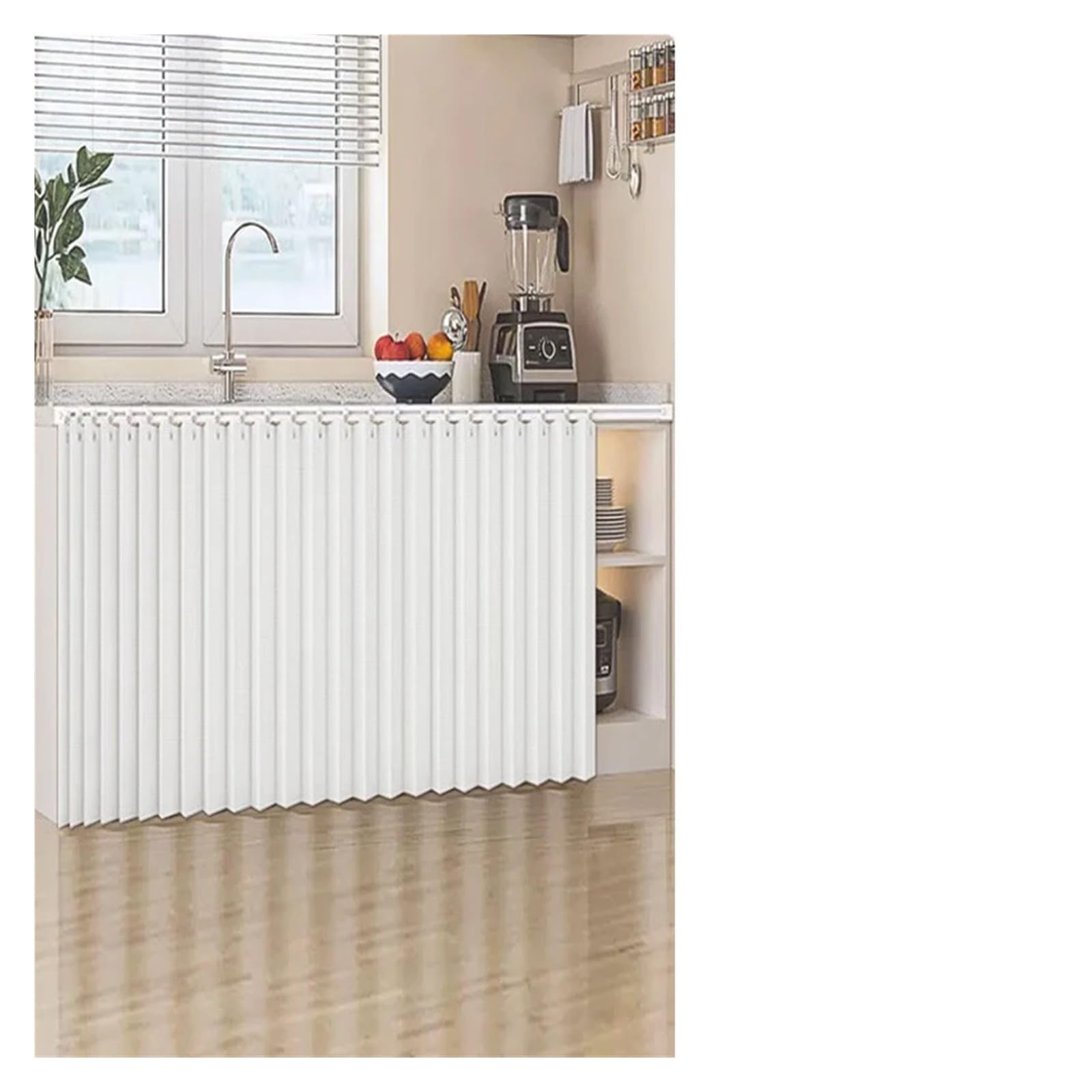 Rideau placard de cuisine blanc 140x100cm, store pliant pour armoire sous évier
