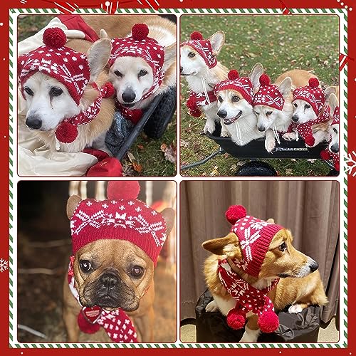 Image of Mihachi Dog Costumes Hat Scarf Set Knit Snowflake Reindeer Print 2 Pcs Winter Warm Clothes for Small Dogs Cats Red White