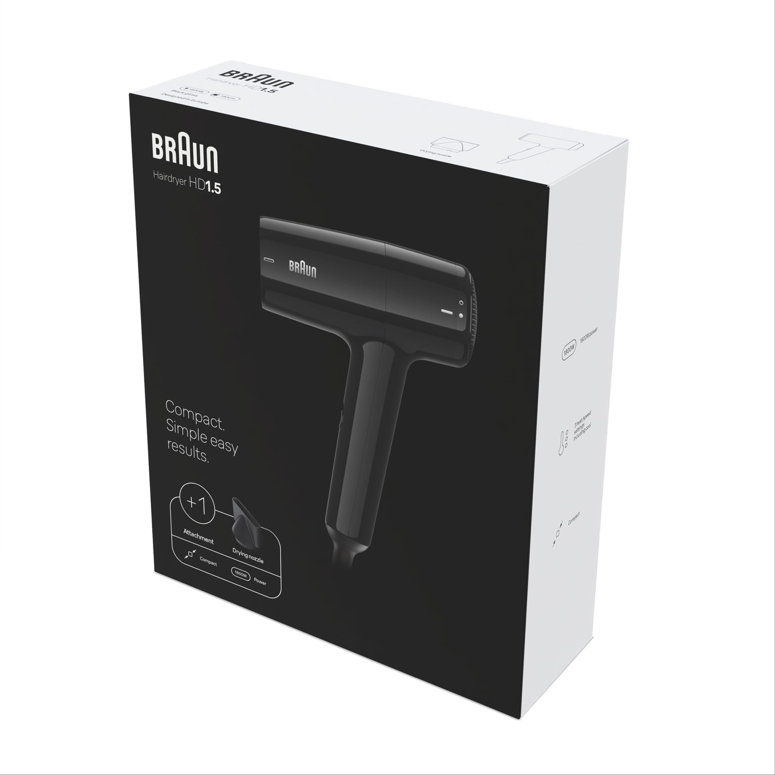 Braun HD1.5 Suszarka 1800W 3 ustawienia temperatury/prędkości czarna BRHD150E