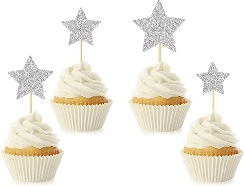 36 adornos de estrella para cupcakes con purpurina plateada, estrella centelleante, decoración de tartas para niños, cumpleaños, baby shower, boda,