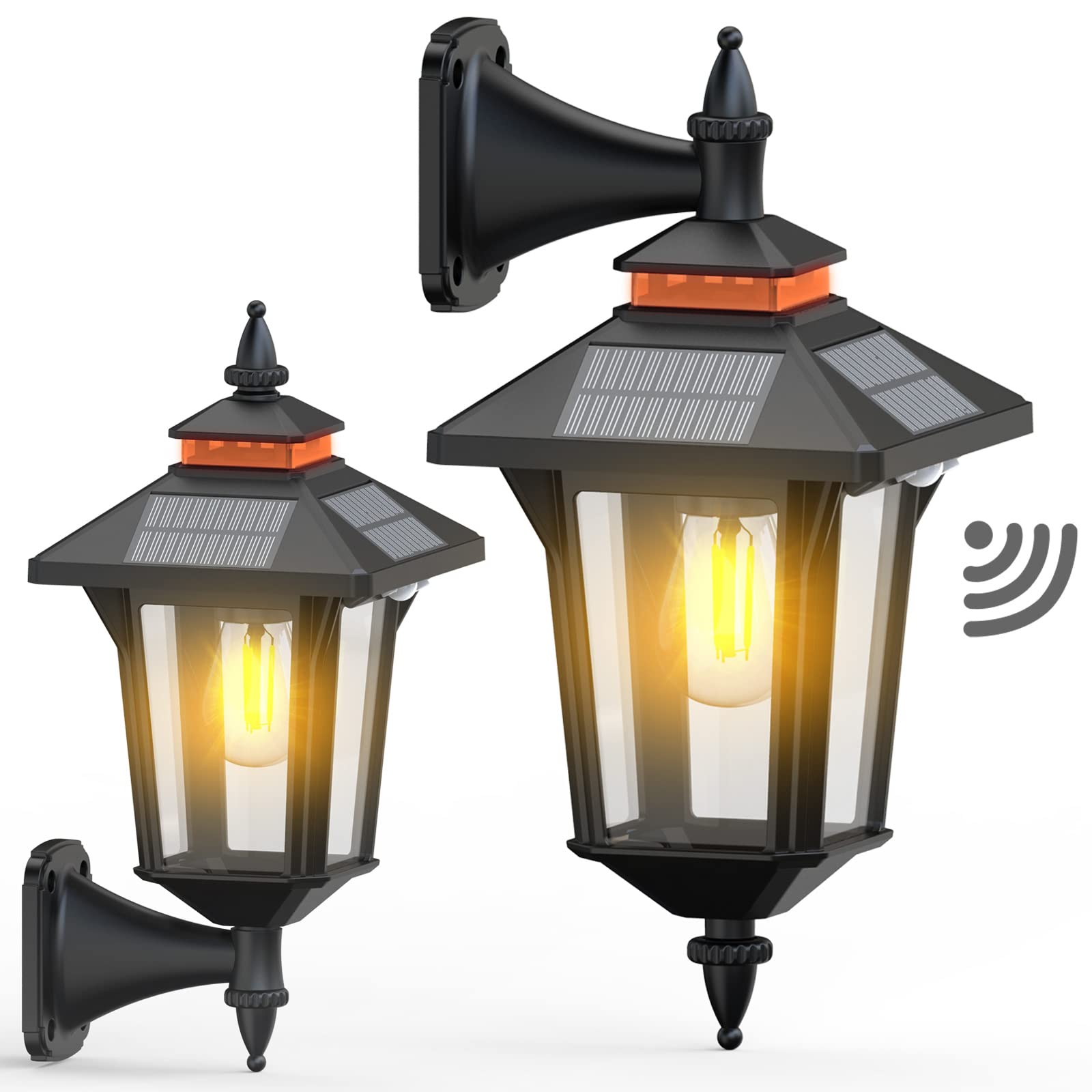 2 Pack Solar Wall Lantern Lights Outdoor with 3 Lighting Modes, Motion Sensor Wall Sconce, Dusk to Dawn LED Exterior Front Porch Lights Fixtures Wall Mount Waterproof for Garage House Doorway Yard
