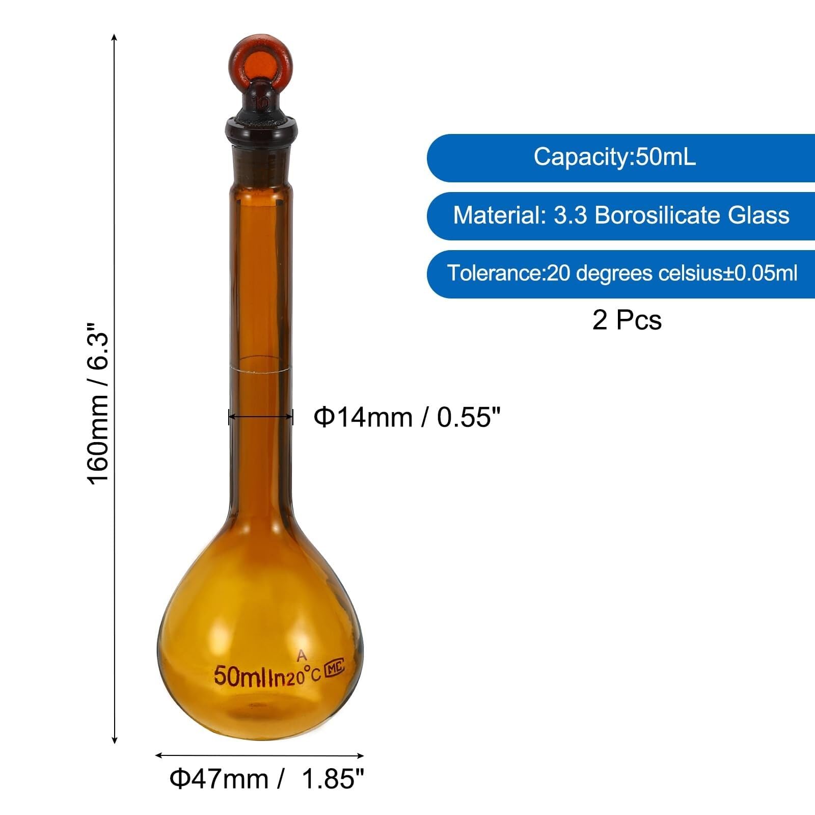 Matraz aforado 50ml, 2 Piezas Vidrio Borosilicato con Tapón de Vidrio para Mediciones de Laboratorio Precisas