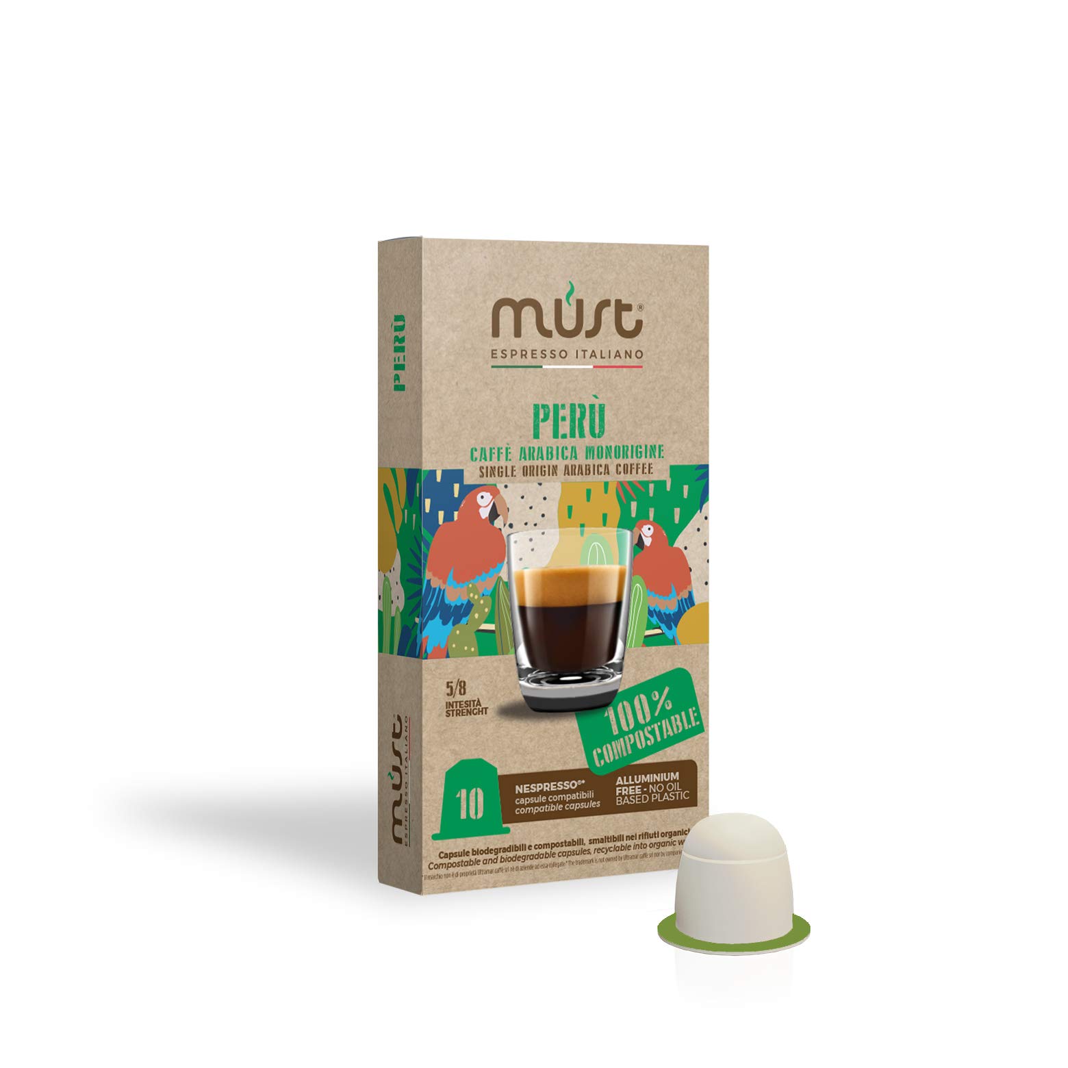 100 Coffee Capsules Peru Blend Single Origin 10 packs of 10 Compostable Capsules Compatible with Nespresso Machine, Recyclable, Made in Italy