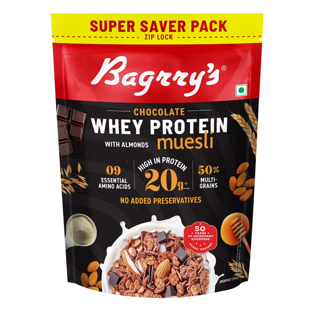 Bagrry's Whey Protein Muesli |15gm Protein Per Serve |Chocolate Flavour|Whole Oats & Californian Almonds|Breakfast Cereal|Protein Rich|Premium American Whey Muesli, 750gm Pouch