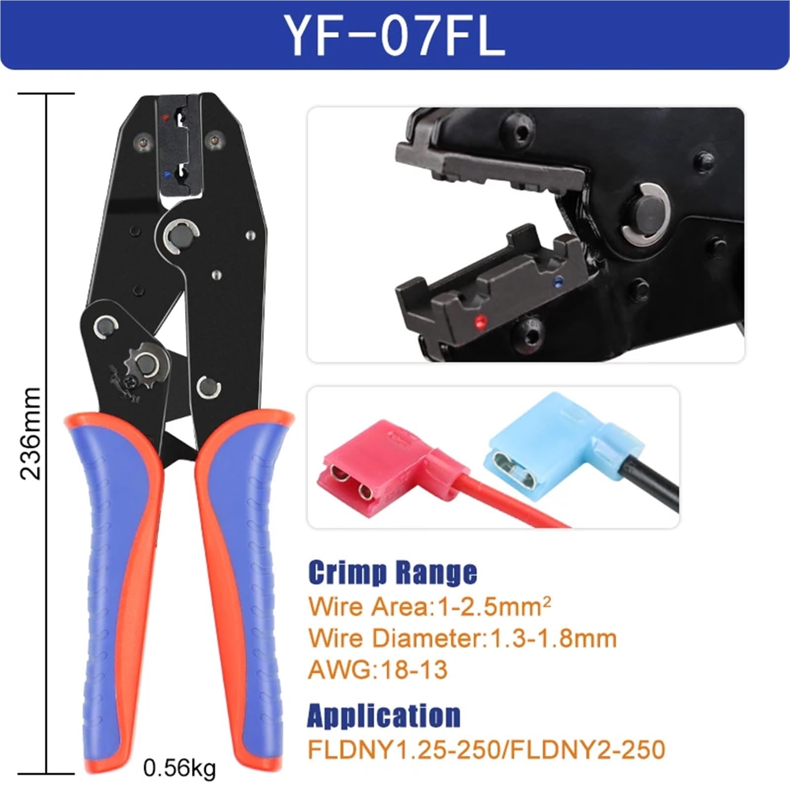 Herramientas de crimpado for conectores hembra de pala con terminal de bandera, en forma de L, aislados/no aislados, desnudos, 4.8/6.3/FLDNY, alicates de trinquete(YF-07FL)