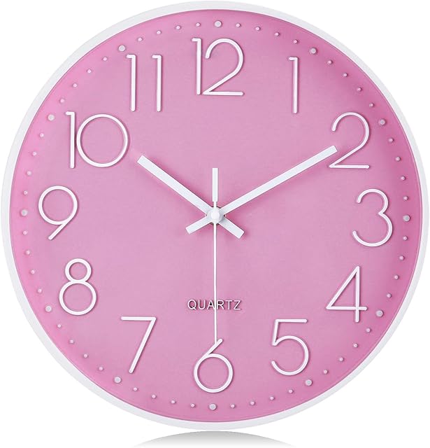 Lafocuse 12 Inch 3D Numbers Pink Wall Clock for Living Room Decor, Modern Wall Clock Kitchen Battery Operated Silent Non-Ticking Bedroom Home Office