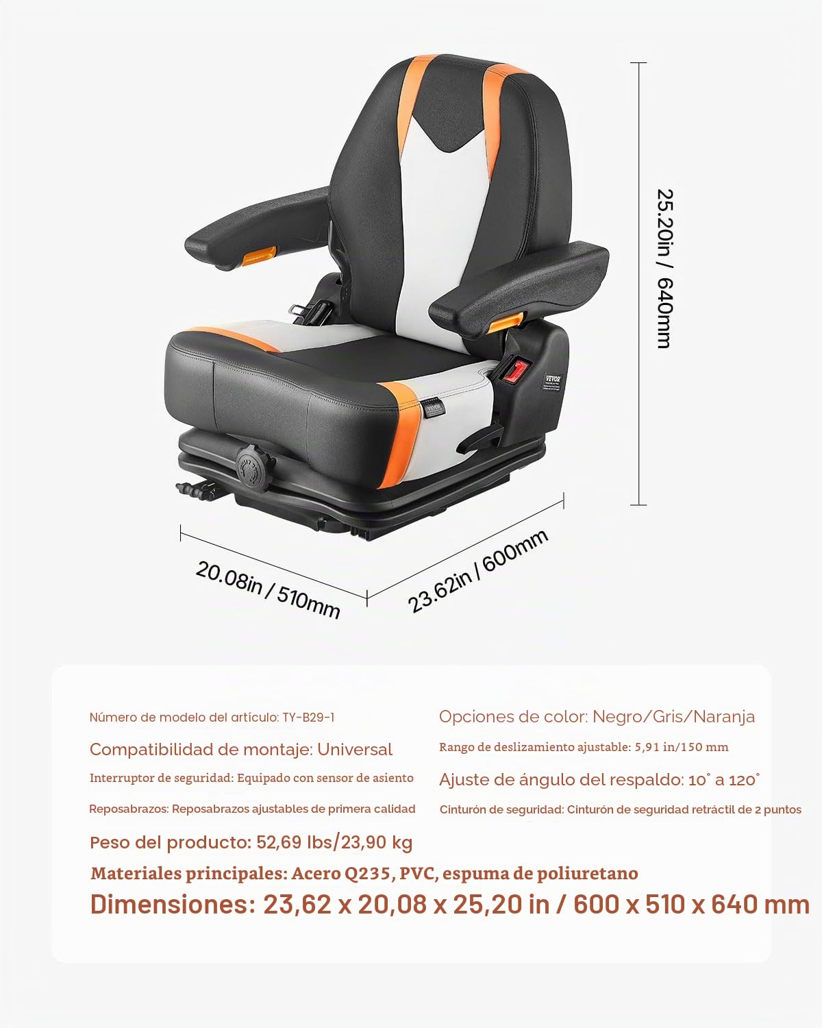 VEVOR Asiento Universal para Carretilla Elevadora 60 x 51 x 64cm, Asiento con Suspensión, Respaldo Ajustable, Reposabrazos y Cinturón de Seguridad, Microinterruptor, para Cortadora de Césped, Tractor