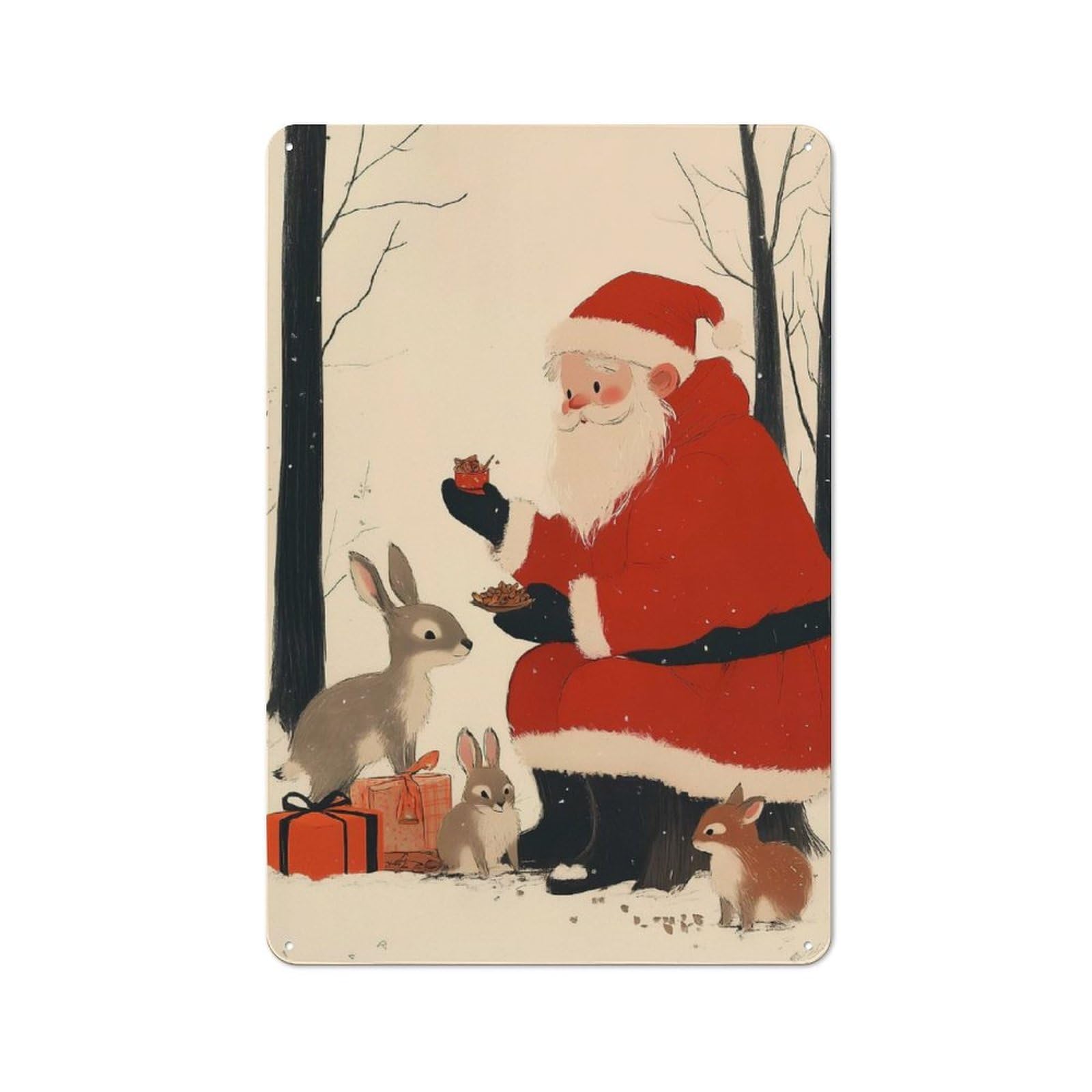 Junmoney Santa And Bunnies Christmas Tin Sign With Design 30X20cm, Weathered Look Industrial Wall Art For Workshop, Basement, Shed Or Games Room