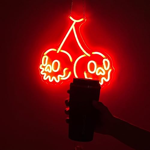 Miniatura 9 de MewNeon Letrero de neón rojo con calavera de cereza, luz LED de Halloween para decoración de sala de juegos, luz de pared de cereza audaz con