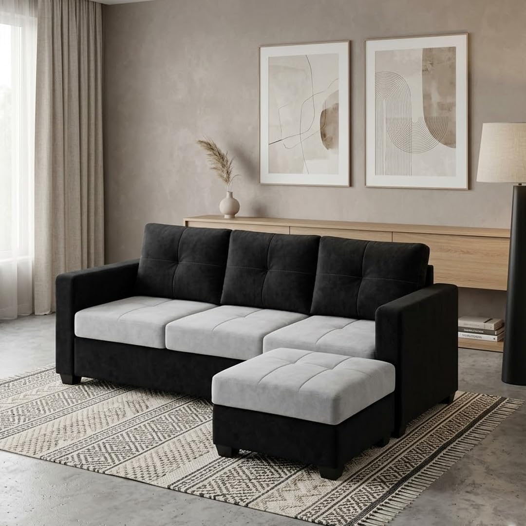 FURNY Hunter 4 Seater L Shape Sofa Set with Movable Ottoman | Flexible Left or Right Layout | Plush Velvet Fabric (Black-Light Grey) | Perfect for Living Room, Guest Room & Office