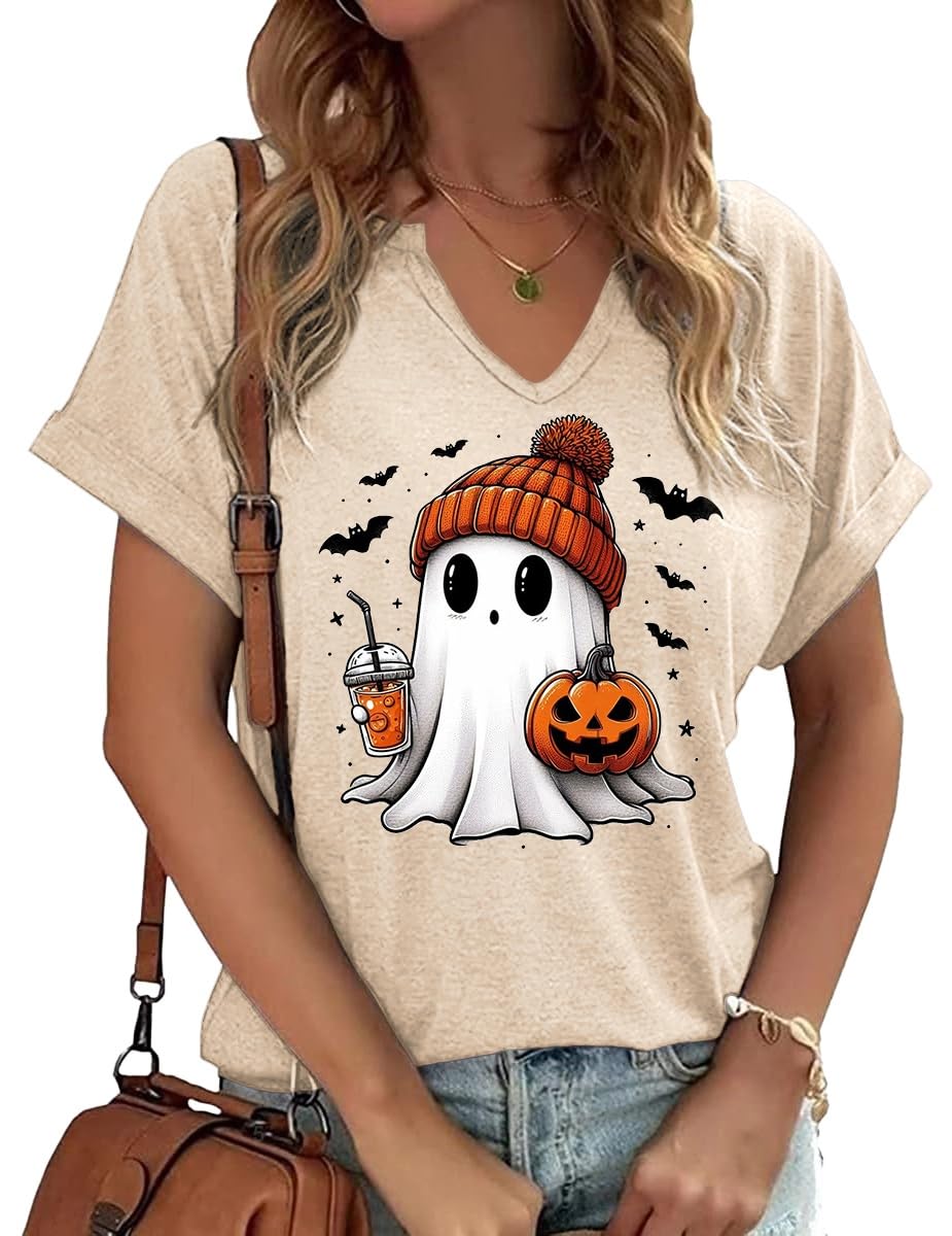 Women Fall Halloween Doodles V Neck Shirt Funny Family Party Celebration Short Sleeve Tee Pumpkin Graphic Thanksgiving Tops…