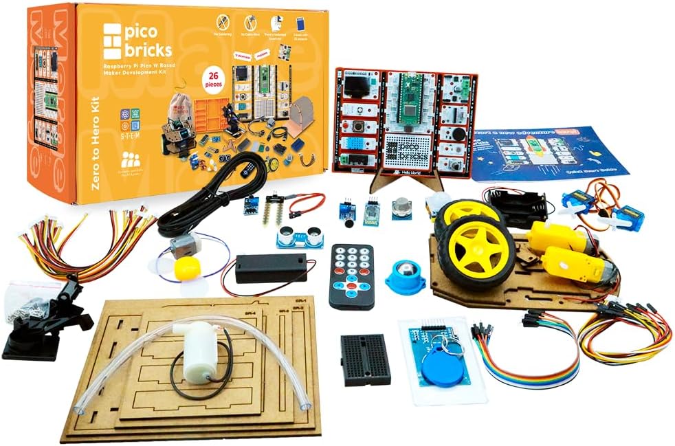 PicoBricks Raspberry Pi Pico W Starter Kit - 26 Pieces DIY Project Kit with 3 Learning Book and 25 Project Videos