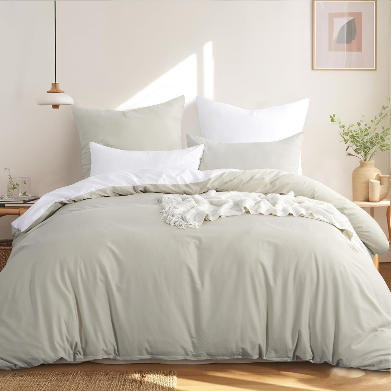 RUIKASI Bettwäsche 220x240 Baumwolle Beige - Bettwäsche-Sets 220x240cm 3teilig Wendebettwäsche 3tlg mit Reißverschluss, zweifarbige Bettbezug Set Beige und Weiß Cotton