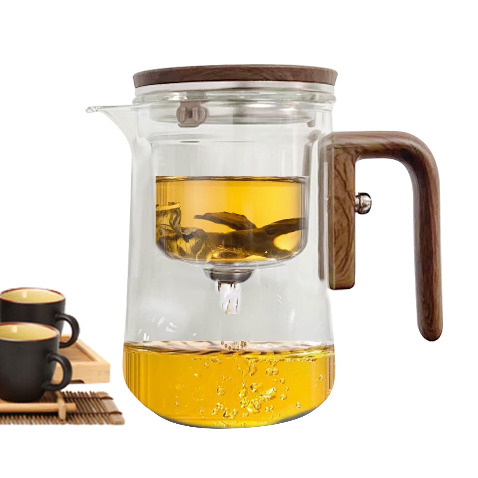 Théière En Verre À Séparation D'eau Avec Poignée En Bois, Théière Transparente Anti-éclaboussures Avec Infuseur, Théière Magique Multifonctionnelle Pour La Maison, Le Lieu De Travail Et Le Dortoir