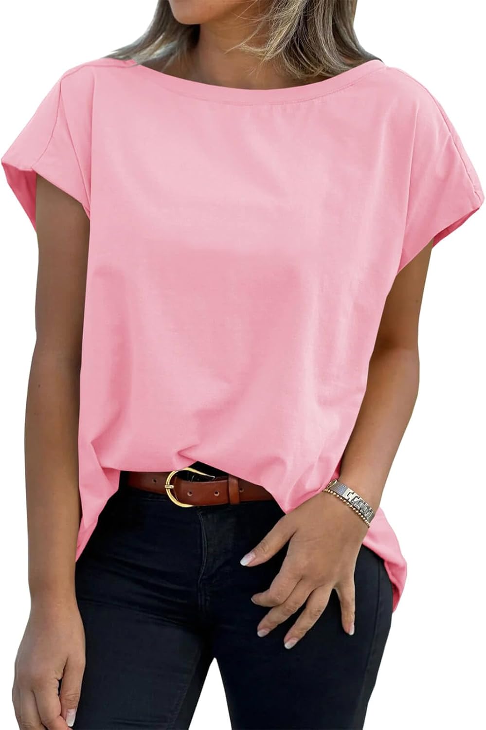 Tankaneo Womens Cap Sleeve Tops Boat Neck T-Shirts Summer Casual Loose Fit Basic Tees