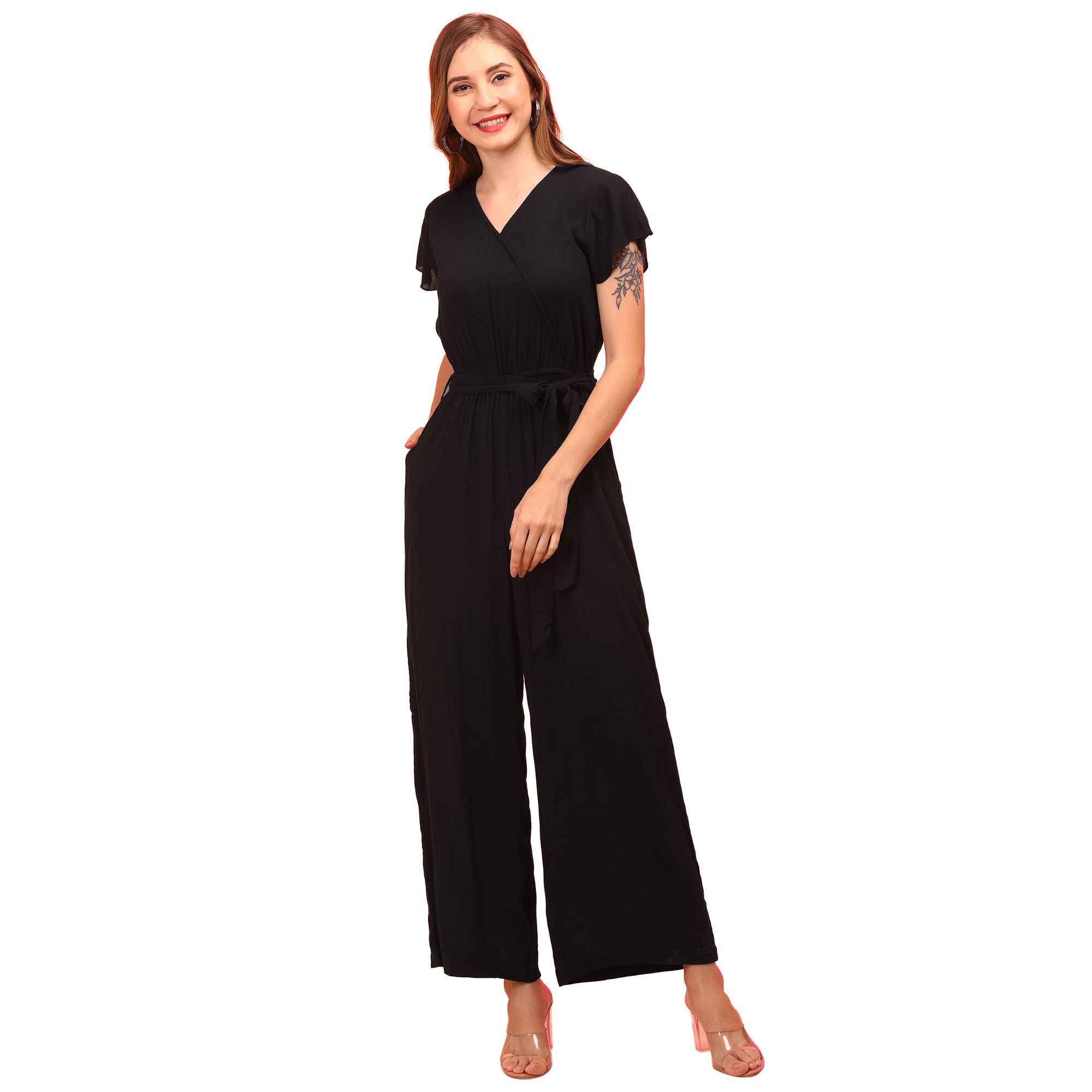 globus Women Wrap Neck Cap Sleeves Waist Tie-Up Wide-Leg Jumpsuit-picture-48