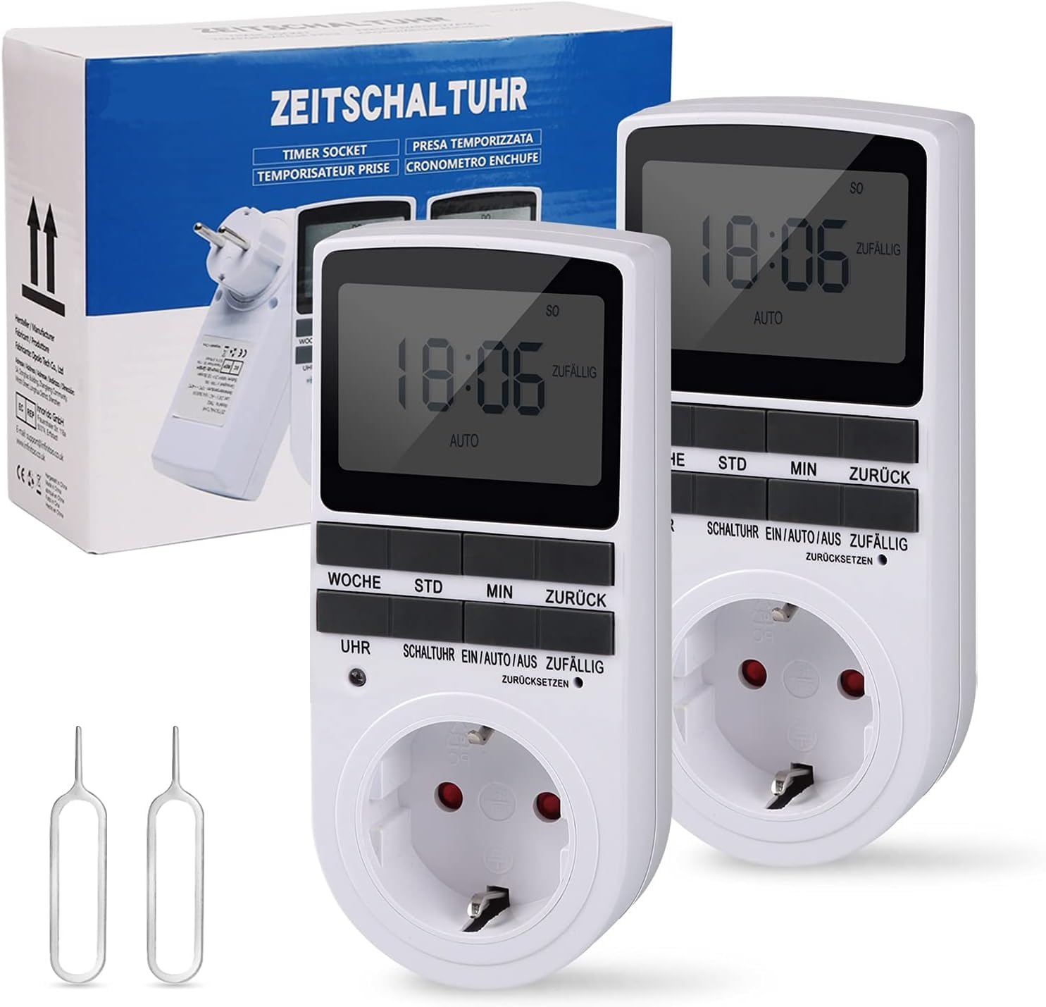 HappyGoo Nach Maß Deutsche Ausführung Zeitschaltuhr Steckdose-2 PCS | Digitale Elektrische Zeitschaltuhr Digital mit Deutsche System und Tasten | 10 konfigurierbare Programme | 12/24h Modus