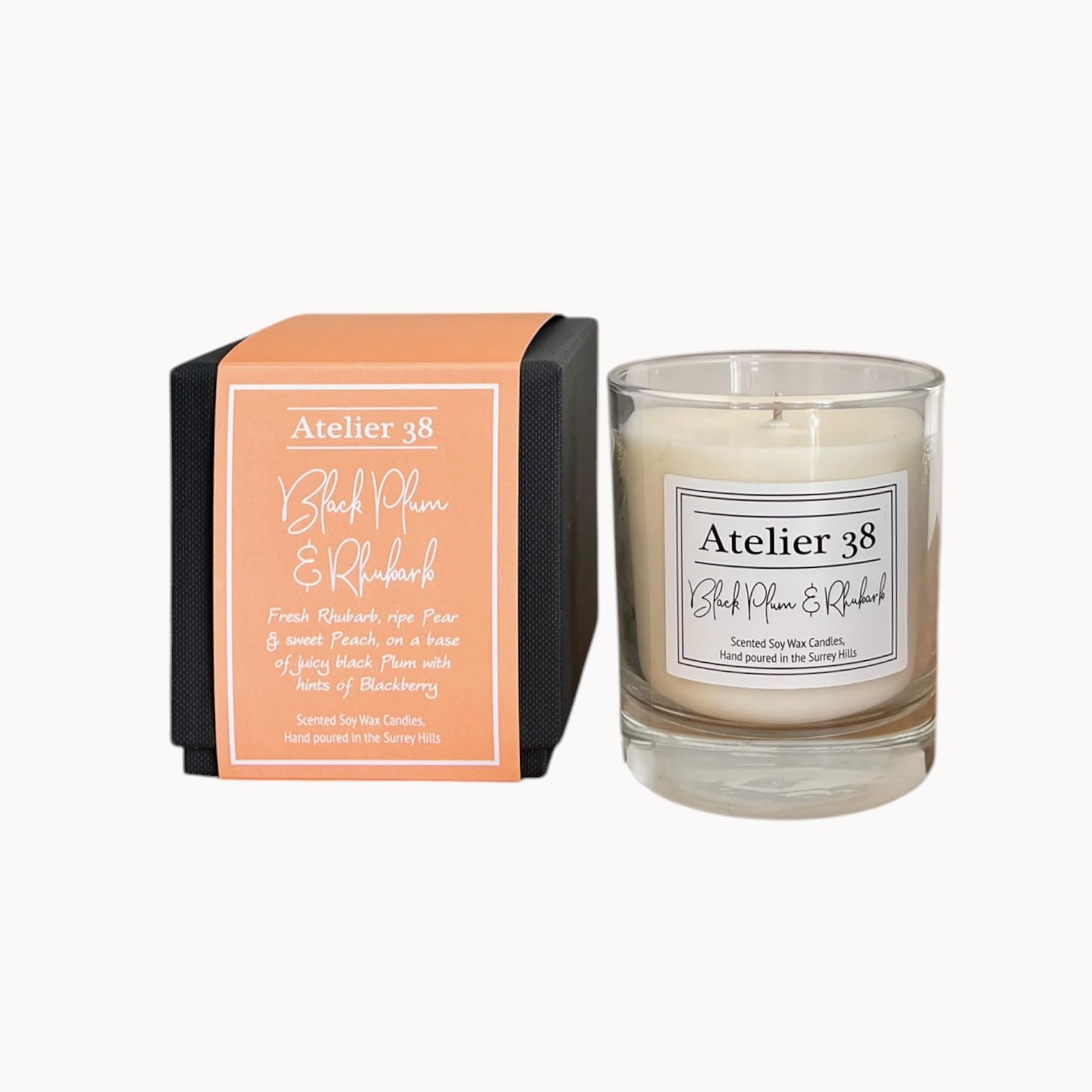 Atelier 38 Black Plum & Rhubarb Scented Candle 210g - Luxury Soy Candle, Up to 50 Hour Burn Time, Candle Jar Home Fragrance, Long Burning Candle, Housewarming Gift, Made in Surrey Hills