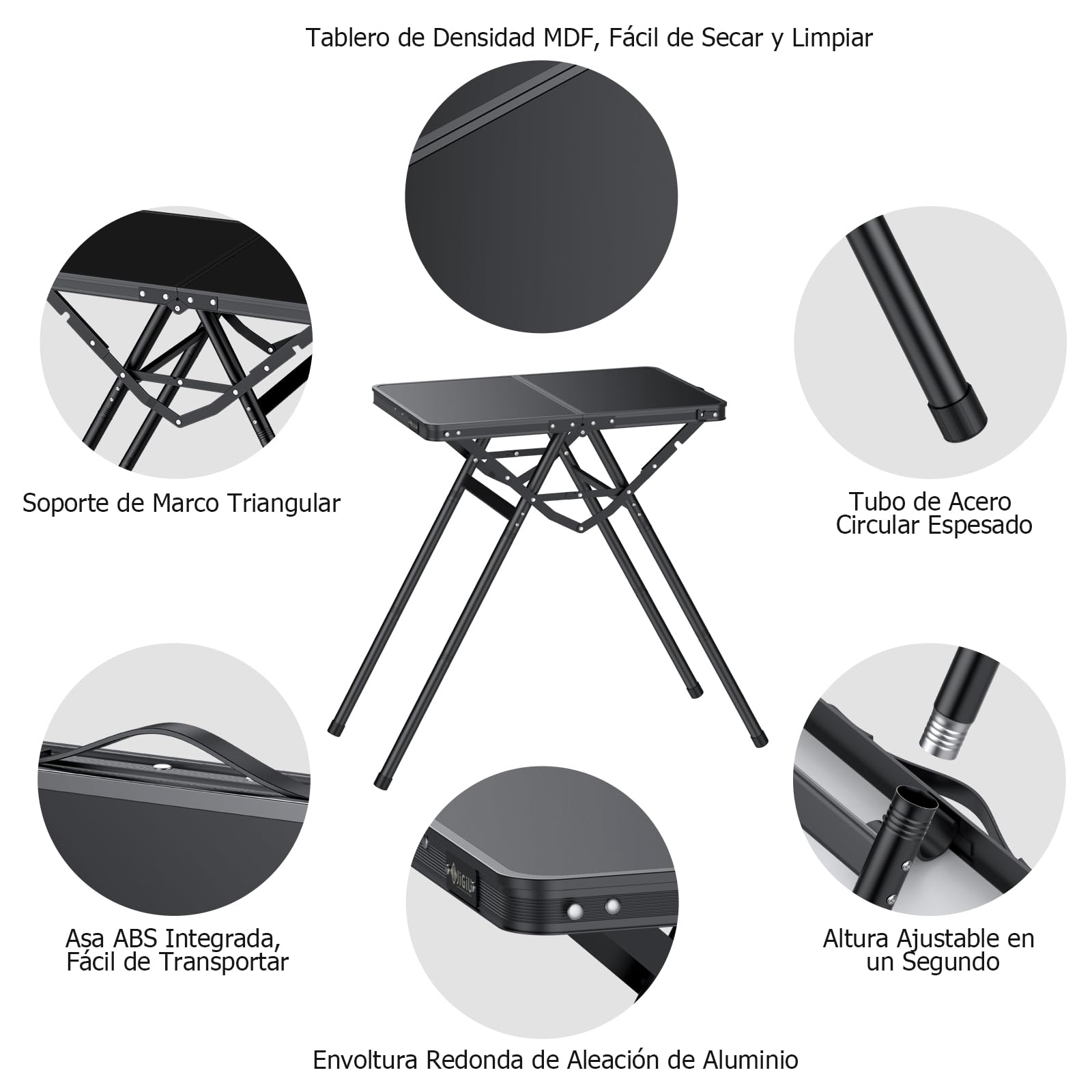 JiGiU Mesa de Caming Plegable Mesa Pinic Portátil 60x40x24.5/47.7/71cm Aleación de Aluminio con Asa de Transporte para Exteriores Interior Senderismo Barbacoa Playa (Negro, 80KG Carga)
