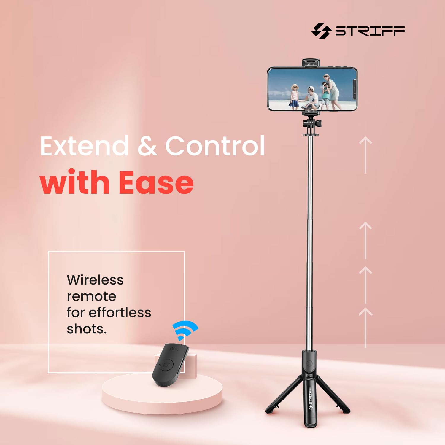 STRIFF AirSnap 3-in-1 Bluetooth Selfie Stick with Wireless Remote & Tripod Stand | Extendable, Lightweight & Portable | Compatible with All Smartphones (iPhone, Samsung, OnePlus, Vivo & More) - Black image 3