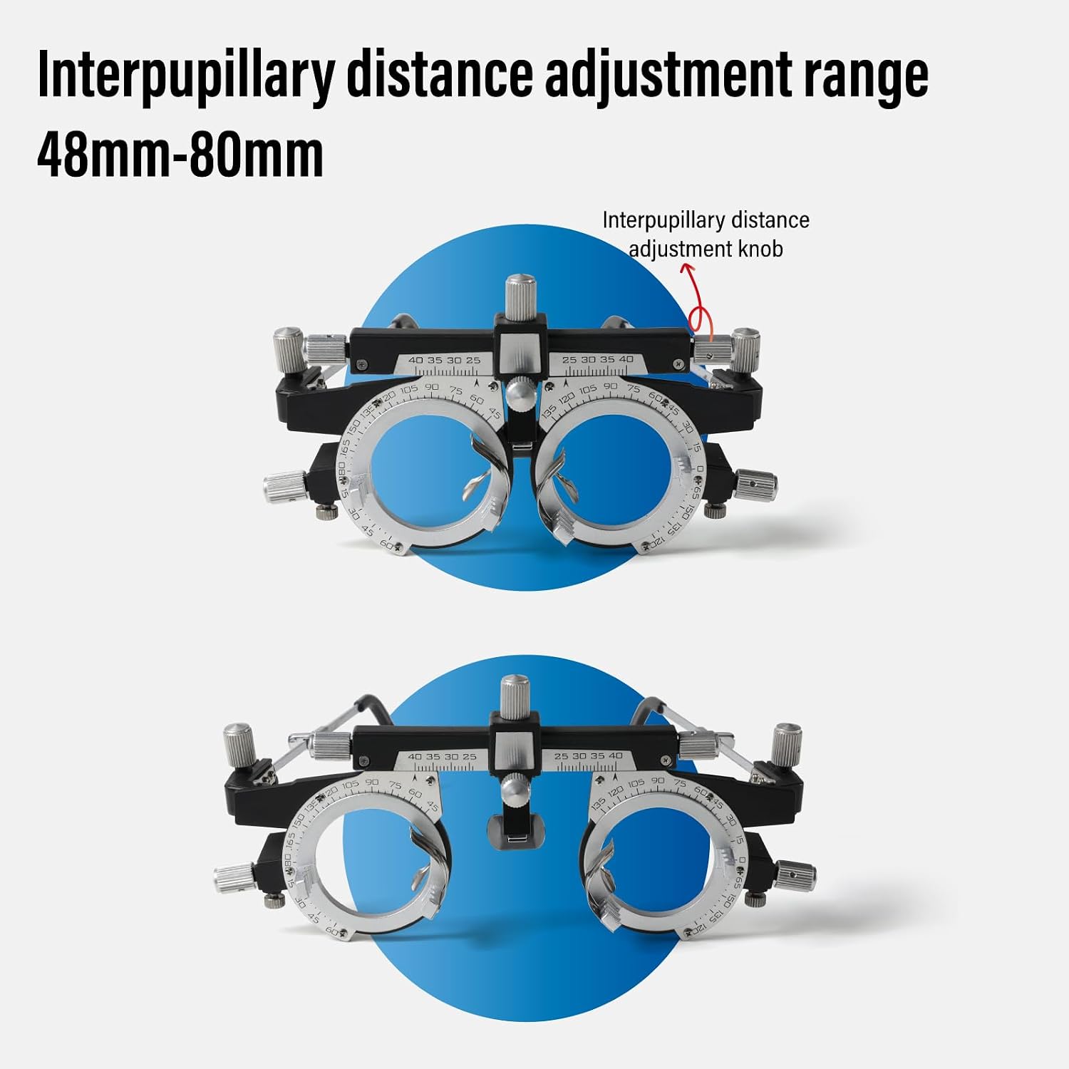Adjustable Optical Trial Lens Frame, PD 48-80mm, Lightweight Alloy Optometry Frame with Adjustable Temples, Nose Bridge, and 4-Slot Insert Lense