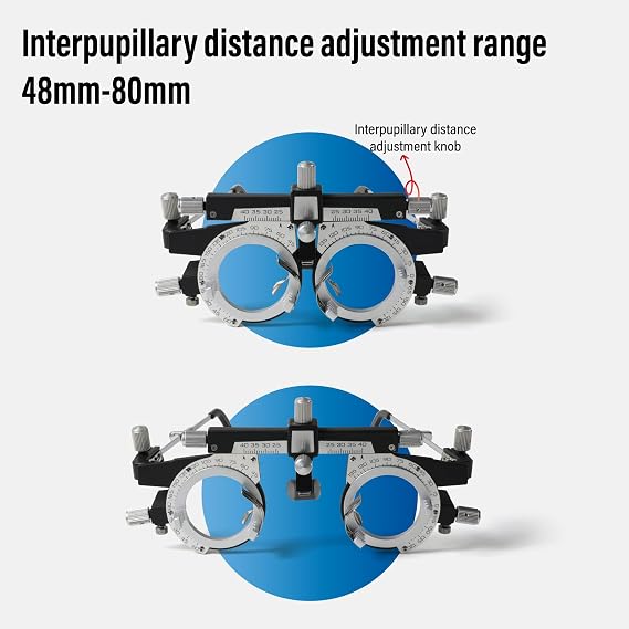 Adjustable Optical Trial Lens Frame, PD 48-80mm, Lightweight Alloy Optometry Frame with Adjustable Temples, Nose Bridge, and 4-Slot Insert Lense