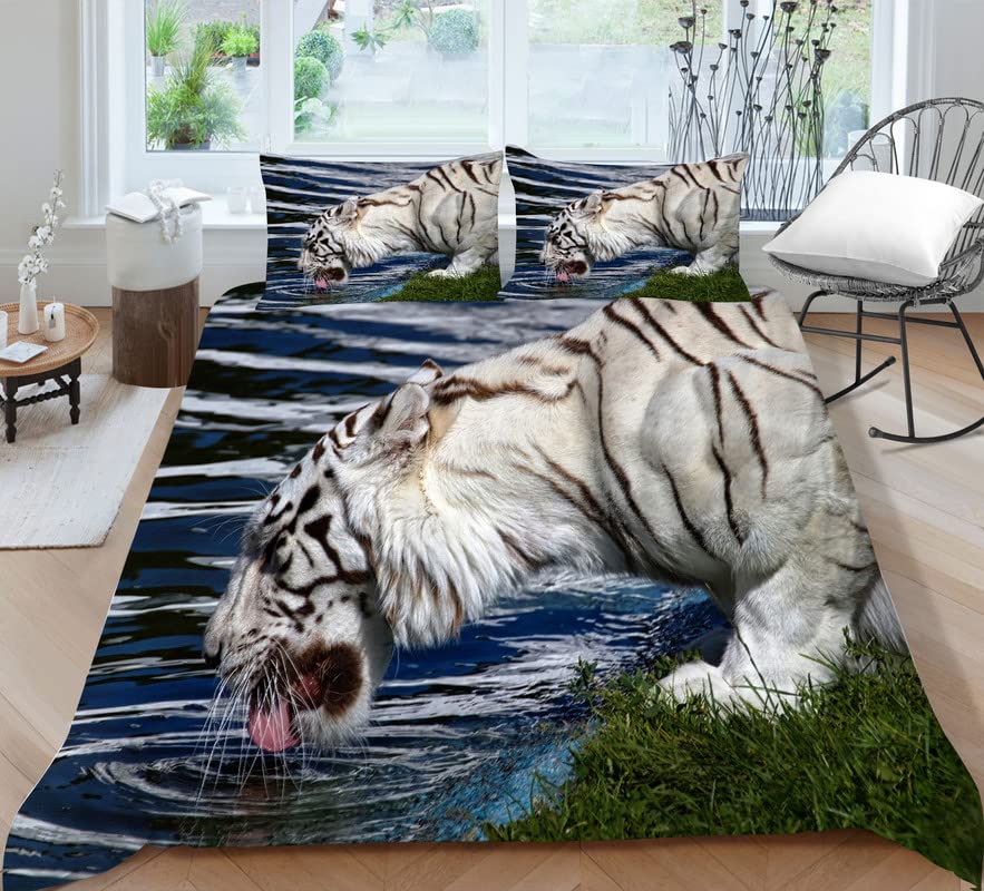Parure de lit 220x240 adulte avec housse de couette tigre bleu fonce et taies