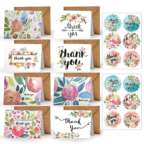 Yoolly 8 Pack Thank You Cards, Thank You Greeting Cards Multipack with Envelopes and Stickers, for Teachers, Graduation, Wedding, Family, Birthday, Business (Flowers, 8 cards)