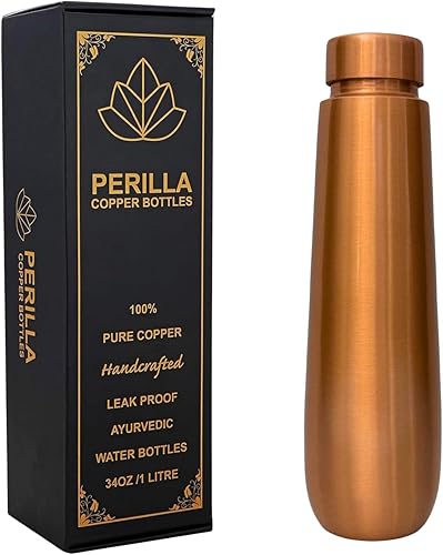 Miniatura 34 de Perilla Home Botella de agua de cobre puro de 34 onzas, a prueba de fugas, 100% pura, recipiente de cobre ayurvédico, bebe más agua y disfruta