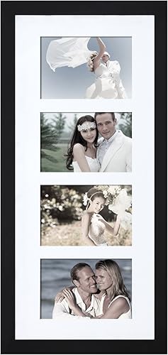 Miniatura 2 de Adeco Marco de fotos decorativo de madera negra para colgar en la pared, 4 aberturas, collage con paspartú blanco, hecho para mostrar cuatro fotos