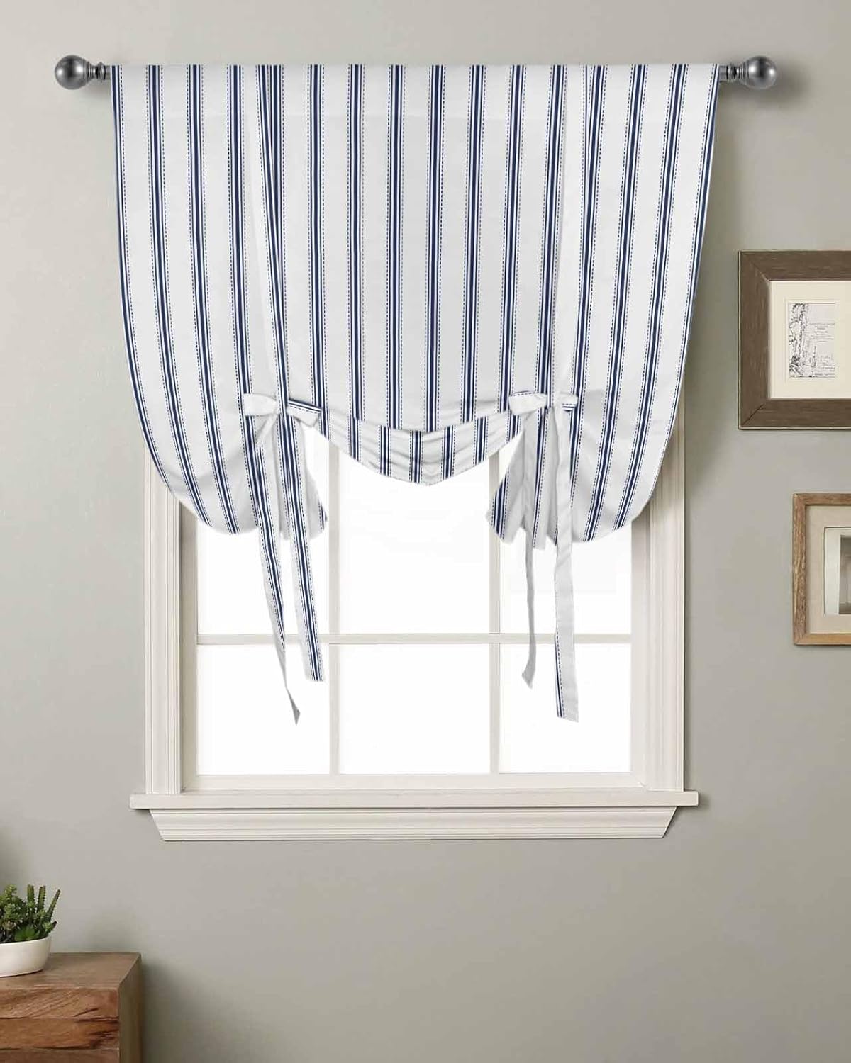 Blue Stripes Tie Up Curtains for Kitchen Bathroom Bedroom Windows 54 Inch Length, Geometric Vertical Linens Modern Minimalism Balloon Drape Curtains Shade Rod Pocket Drapery Curtain Panel, 42"x63"