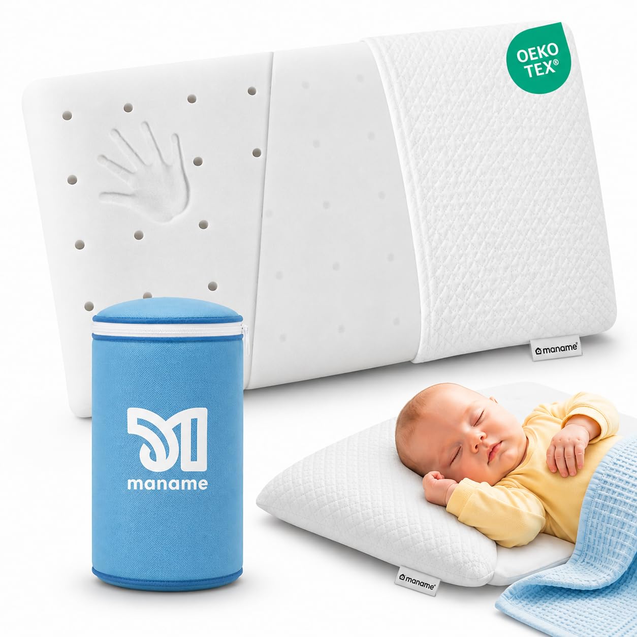 maname Cuscino Neonato 0-1-2-3 Anni Plagiocefalia Antisoffoco Antireflusso - Cuscino Lettino Bambino Viscoelastico Ergonomico - 40x60 Basso, Doppio Rivestimento Anti-Acari Traspirante - Baby Pillow