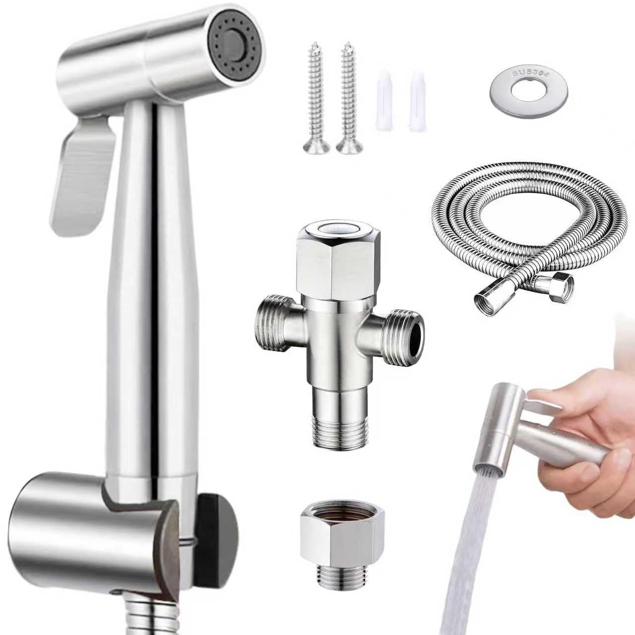 Bidet Handbrause Set mit 1,5 m Schlauch und 1/2 auf 3/8 Adapter, Edelstahl Handbrause für Toilette, Einfache Montage inkl. Zubehör für WC, Haustiere und Hygiene