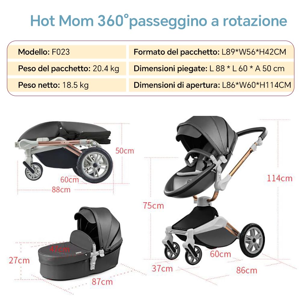 Hot Mom F023-Passeggino 3 in 1, rotazione a 360° passeggino trio per bambini,Portabicchieri/Zanzariera/copripioggia/Pneumatici grandi(Darkgray3in1)