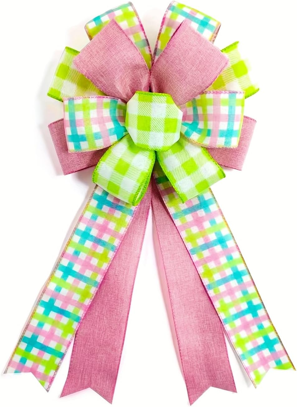 Large Spring Wreath Bow - Pink and Green Buffalo Plaid Floral Burlap Bow for Front Door Decor, Christmas Tree Topper, Indoor Outdoor Spring Home Decorations - Image 6