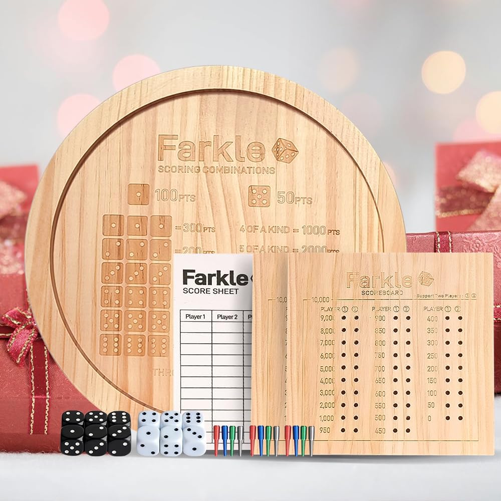 Farkle Dice Tray,Farkle Classic Dice Game with Tray,2 Sets of 6 Pearl Dice,2 Sets of 6''Wooden Scoreboard, 12 Scoring Sticks,1 Instruction Manual, 50 PCS Score Sheets,The Classic Family Game