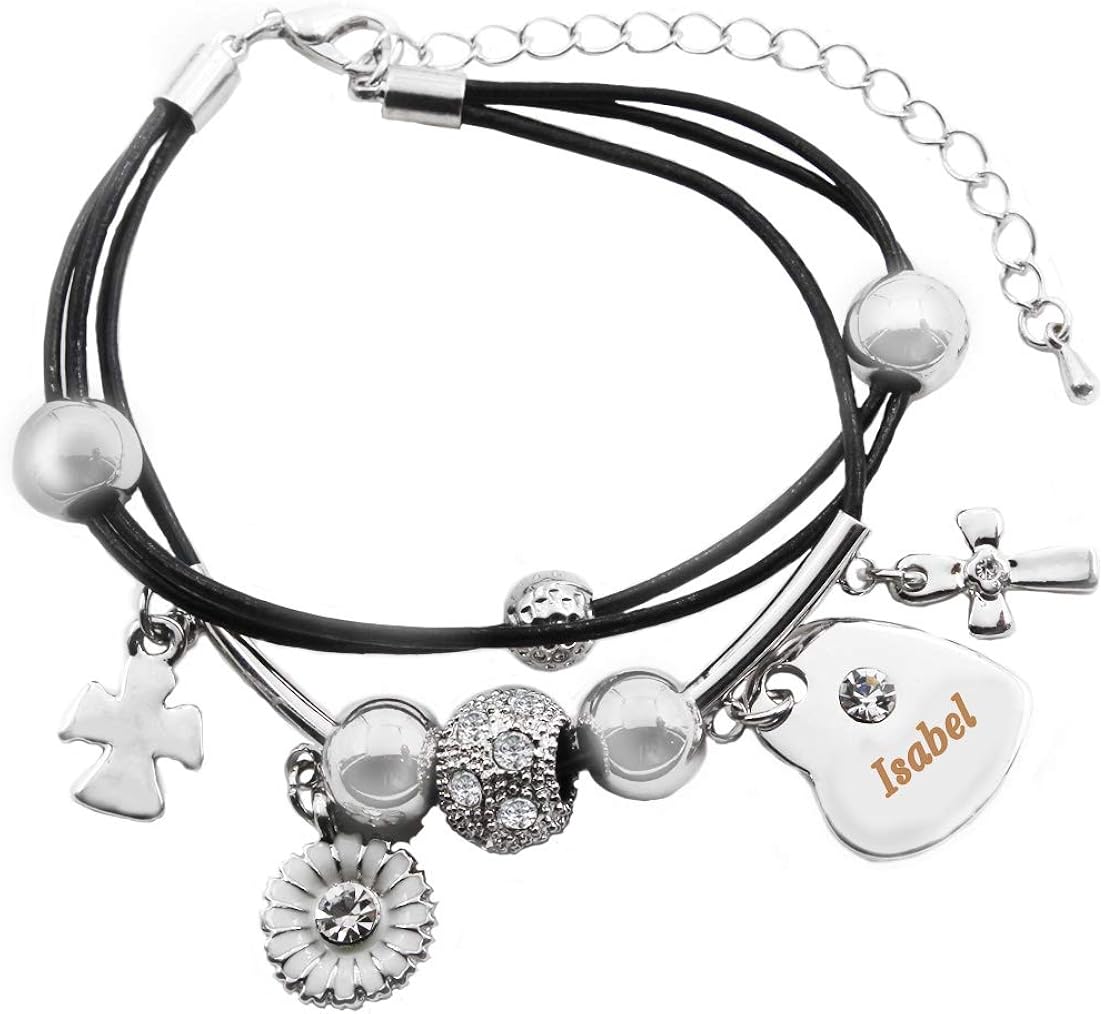 Kigu Isabel Name Bracelet - Genuine Leather Multi Strand Bracelet & 18K White Gold Plated Engraved Heart Charm