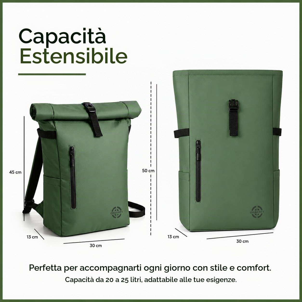 Zaino arrotolabile, impermeabile, espandibile, 20-25 l, con accesso rapido, portatile, casual, unisex, leggero, organizer, maniglia torlley, spallacci imbottiti, viaggi, lavoro, università, Verde