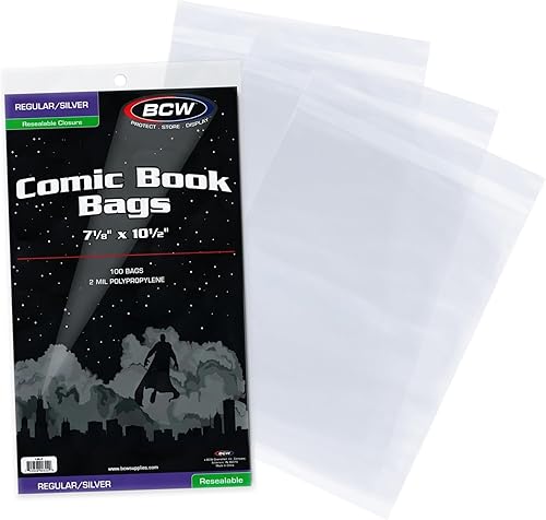 BCW Bolsas de cómics resellables plateadasregulares polipropileno transparente de 2 mil 7-18 pulgadas x 10-12 pulgadas 100 unidades capacidad para